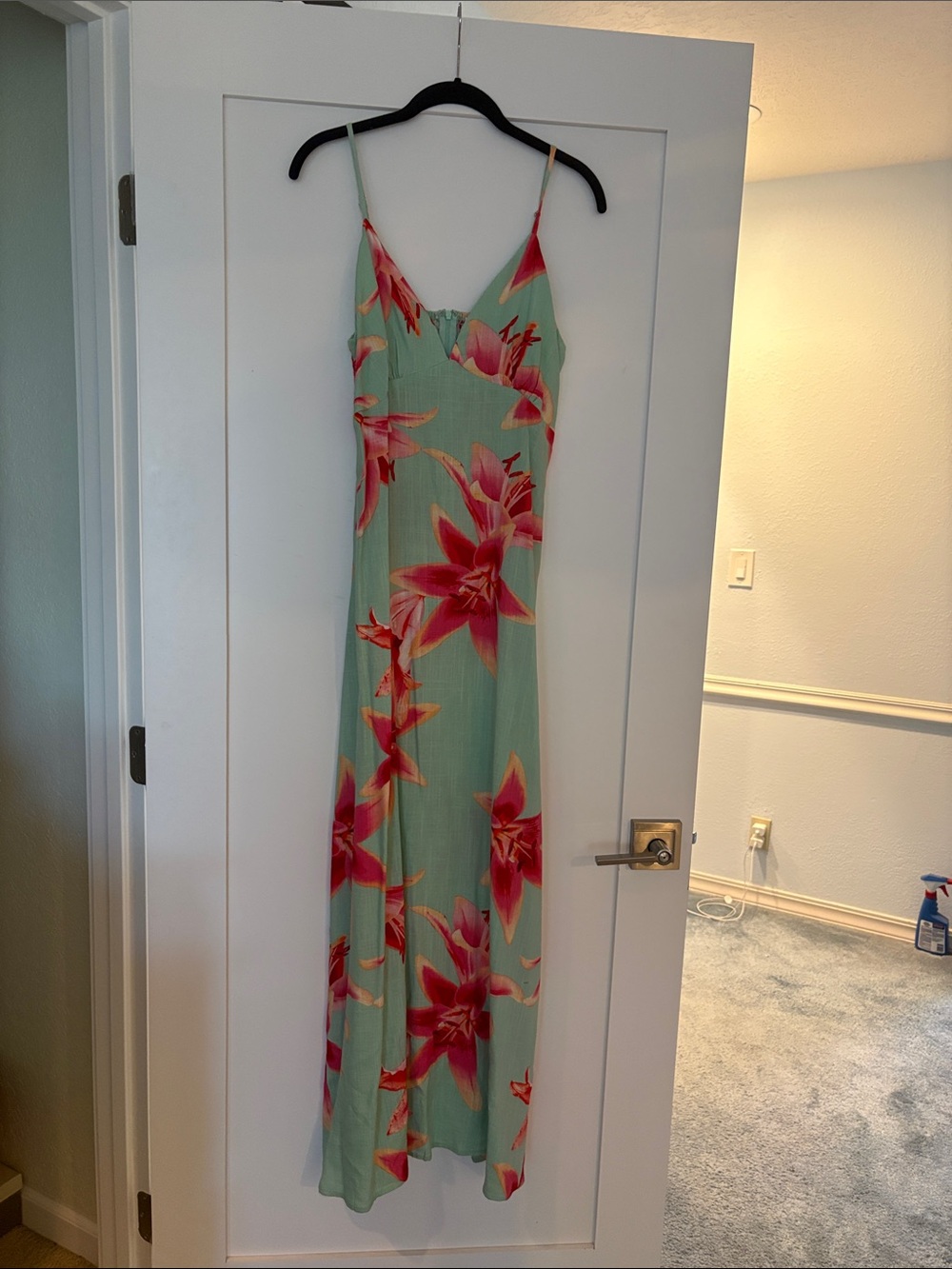 Mint Green Maxi Slip Dress with Pink Floral Print XL (Fits like a Large)